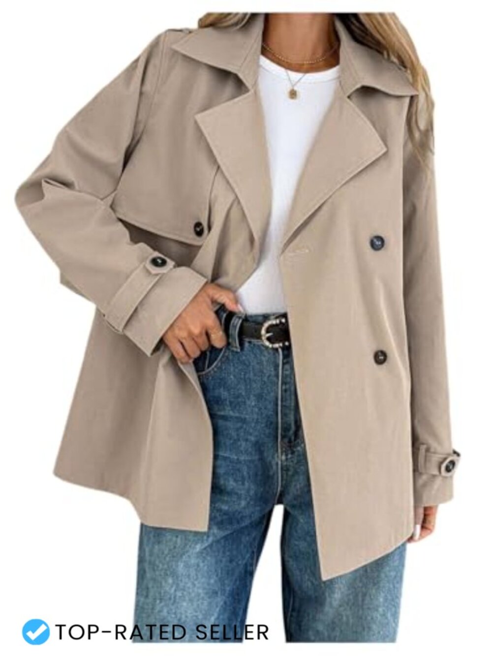 Women's Double Breasted Trench Coat Long Sleeve Belted Business Casual Overcoat
